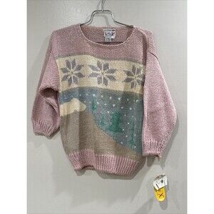 VTG 1980s Licorice X Pullover  Knit Pink Pointelle Sweater Snowflakes Trees Sz M